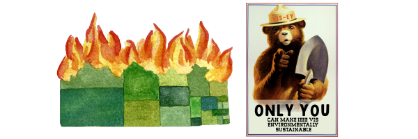 A watercolor treemap on fire next to smokey the bear